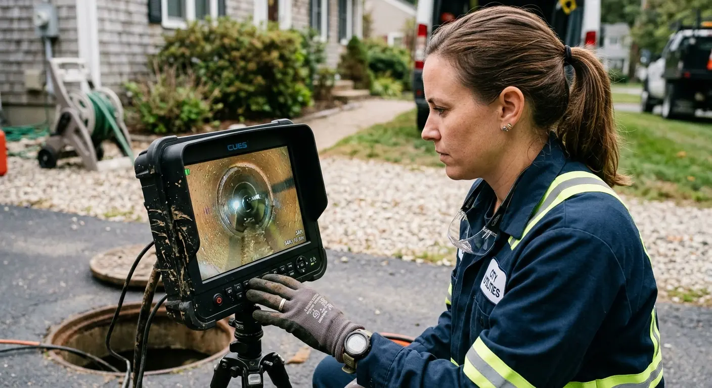 Technician reviewing sewer camera inspection footage in Lakewood