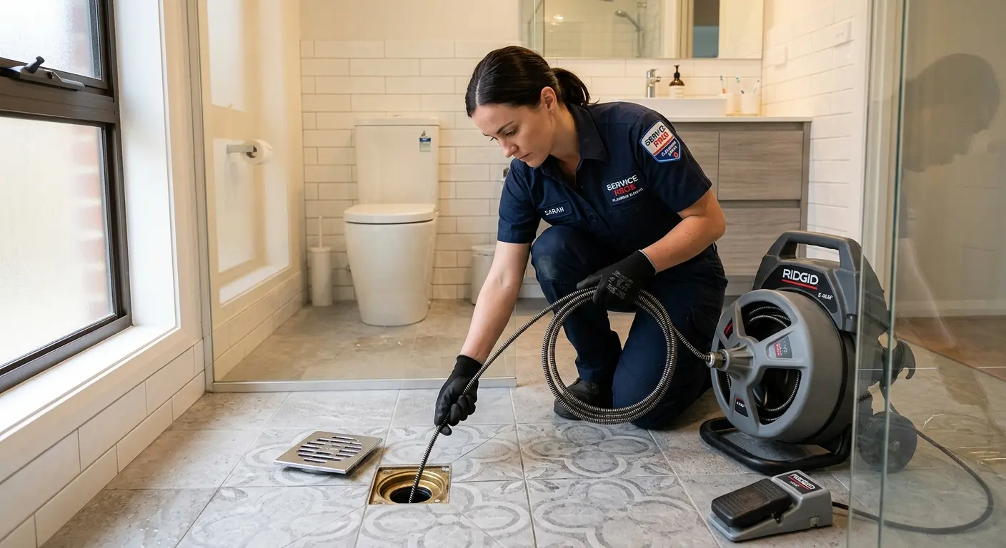 Technician clearing a bathroom floor drain for Sewer Line Replacement in Lakewood